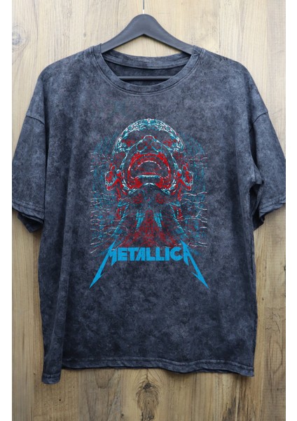 Unisex Mavi Metallica Baskılı Yıkamalı Tişört, Oversize Rock-Metal Baskılı Vintage T-Shirt