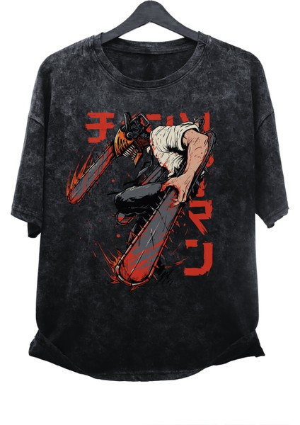 Unisex Chainsaw Man Eskitme Tişört, Oversize Anime Baskılı Yıkamalı T-Shirt
