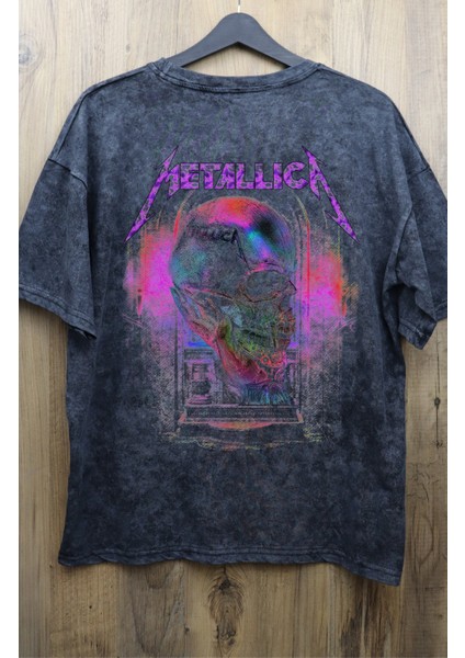 Unisex Kuru Kafa Mor Metallica Sırt Baskılı Yıkamalı Tişört, Oversize Rock-Metal Baskılı T-Shirt modelleri