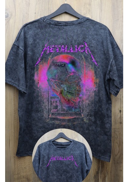 Unisex Kuru Kafa Mor Metallica Sırt Baskılı Yıkamalı Tişört, Oversize Rock-Metal Baskılı T-Shirt