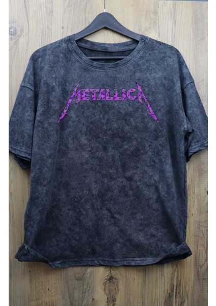 Unisex Kuru Kafa Mor Metallica Sırt Baskılı Yıkamalı Tişört, Oversize Rock-Metal Baskılı T-Shirt fiyatları