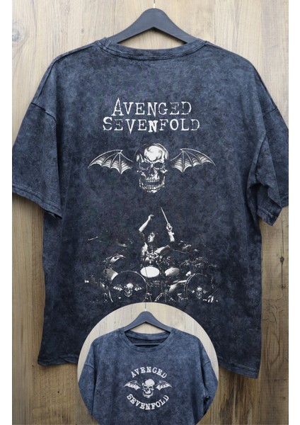 Unisex Avenged Sevenfold Sırt Baskılı Yıkamalı Tişört, Oversize Rock-Metal Baskılı Eskitme T-Shirt