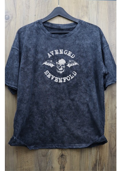 Unisex Avenged Sevenfold Sırt Baskılı Yıkamalı Tişört, Oversize Rock-Metal Baskılı Eskitme T-Shirt