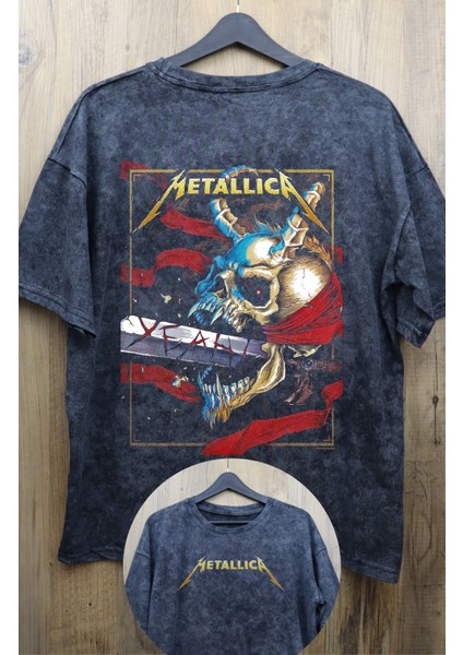 Unisex Kılıçlı Metallica Sırt Baskılı Yıkamalı Tişört, Oversize Rock-Metal Baskılı Vintage T-Shirt