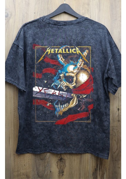 Unisex Kılıçlı Metallica Sırt Baskılı Yıkamalı Tişört, Oversize Rock-Metal Baskılı Vintage T-Shirt fiyatları