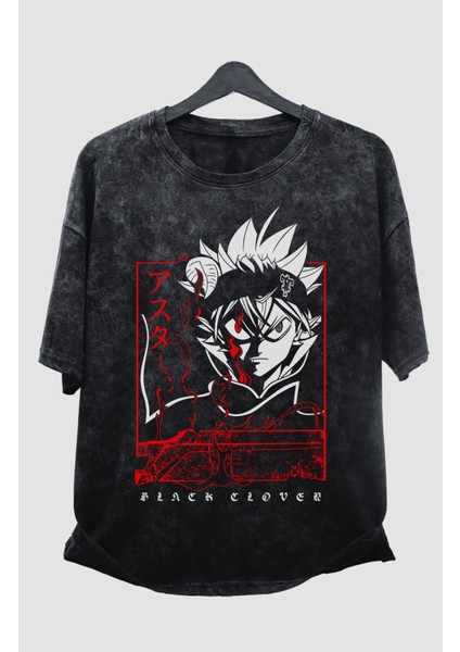 Unisex Black Clover Asta Eskitme Tişört, Oversize Anime Baskılı Yıkamalı T-Shirt
