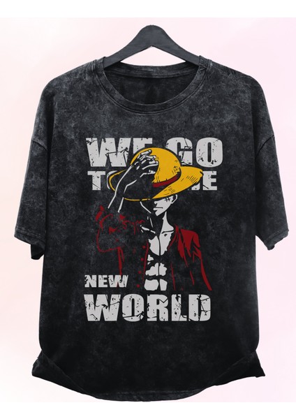 Unisex New World Monkey D. Luffy Eskitme Tişört, Oversize One Piece Anime Baskılı Yıkamalı T-Shirt