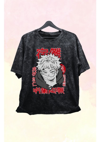 Unisex Yuji Itadori Jjk Eskitme Tişört, Oversize Anime Baskılı Yıkamalı T-Shirt
