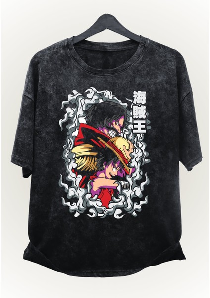Unisex Onepiece Luffy And Gol D. Roger Baskılı Yıkamalı Tişört,oversize Anime Baskılı Retro T-Shirt