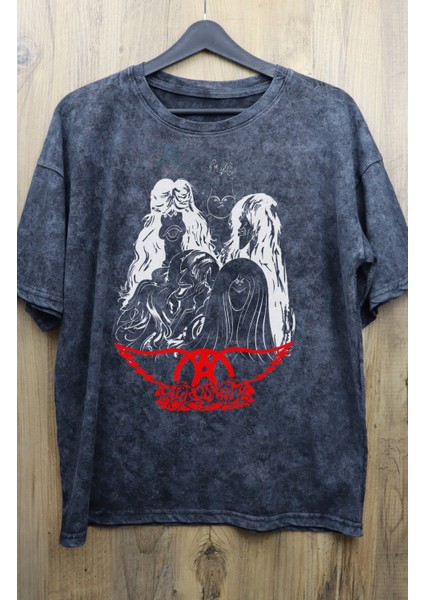 Unisex Aerosmith Baskılı Yıkamalı Tişört, Oversize Rock-Metal Baskılı Vintage T-Shirt