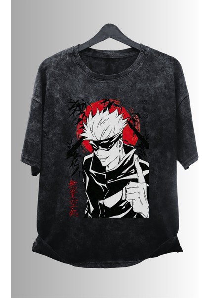 Unisex Gojo Jjk Manga Ex7 Baskılı Yıkamalı Tişört, Oversize Anime Baskılı Retro T-Shirt