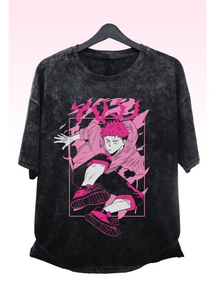 Unisex Jujutsu Kaisen Itadori Baskılı Yıkamalı Tişört, Oversize Anime Baskılı Retro T-Shirt