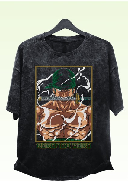 Oversize One Piece Zoro Green Baskılı Yıkamalı Tişört, Unisex Anime Baskılı Vintage T-Shirt
