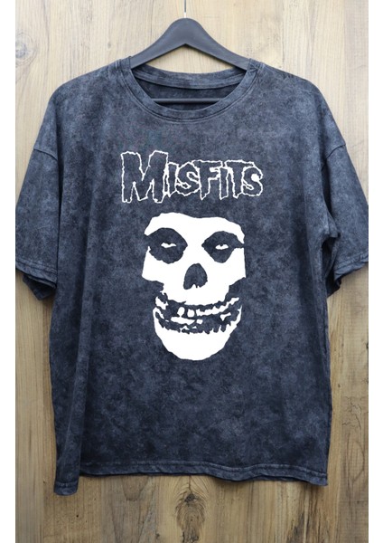 Unisex Misfits Baskılı Yıkamalı Tişört, Oversize Rock-Metal Baskılı Eskitme T-Shirt
