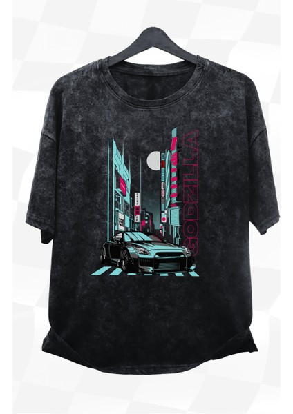 Unisex Nissan Gt-R Godzilla Baskılı Yıkamalı Tişört, Oversize Araba Baskılı Retro T-Shirt