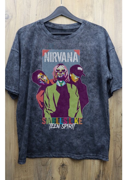 Unisex Nirvana Smells Like Baskılı Yıkamalı Tişört, Oversize Rock-Metal Baskılı Eskitme T-Shirt