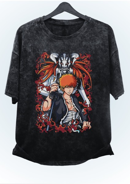 Unisex Bleach Ichigo Kurosaki Baskılı Yıkamalı Tişört, Oversize Anime Baskılı Eskitme T-Shirt