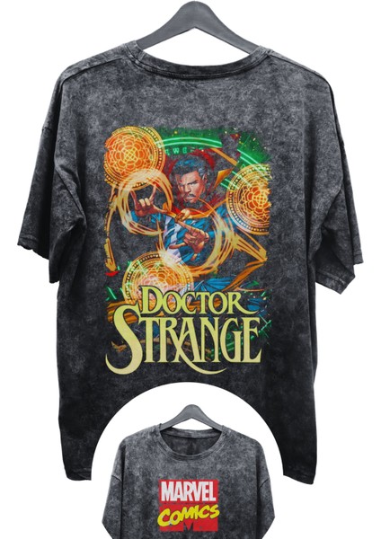 Unisex Doctor Strange Baskılı Yıkamalı Tişört, Oversize Marvel Comics Baskılı Eskitme T-Shirt
