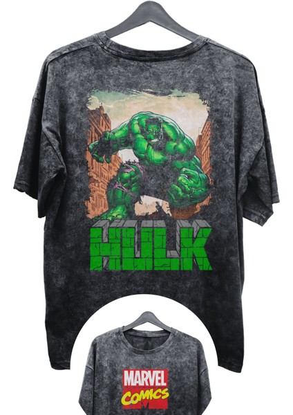 Unisex Hulk Baskılı Yıkamalı Tişört, Oversize Marvel Comics Baskılı Retro T-Shirt