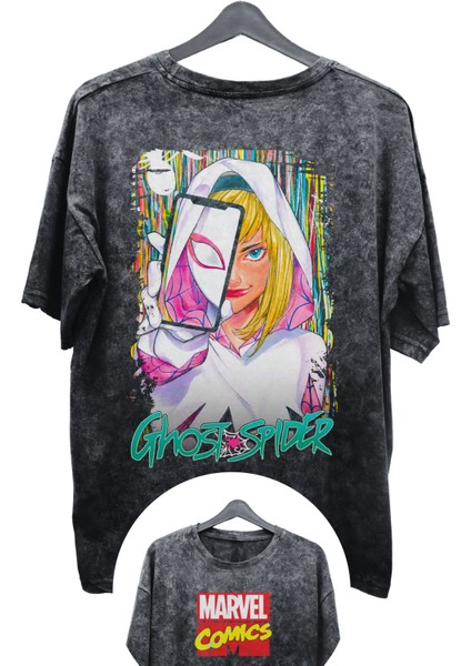 Unisex V2 Ghost Spider Baskılı Yıkamalı Tişört, Oversize Marvel Comics Baskılı Eskitme T-Shirt