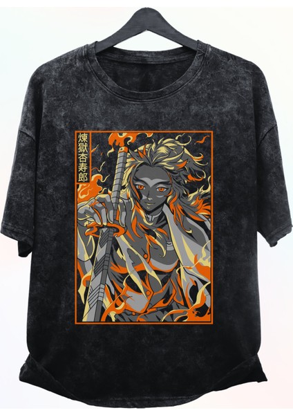 Oversize Demon Slayer Rengoku Kyojuro Baskılı Yıkamalı T-Shirt, Unisex Anime Baskılı Retro Tişört