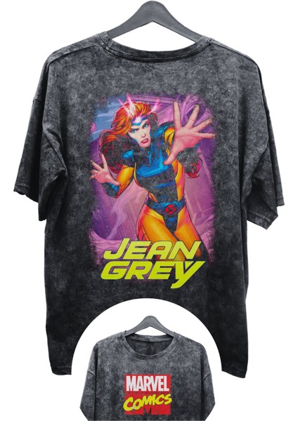 Unisex Jean Grey Baskılı Yıkamalı Tişört, Oversize Marvel Comics Baskılı Retro T-Shirt
