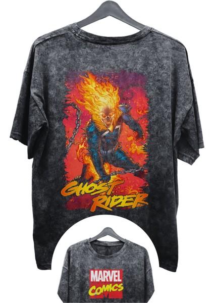 Unisex Ghost Rider Baskılı Yıkamalı Tişört, Oversize Marvel Comics Baskılı Retro T-Shirt