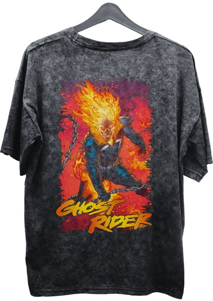 Unisex Ghost Rider Baskılı Yıkamalı Tişört, Oversize Marvel Comics Baskılı Retro T-Shirt fiyatları
