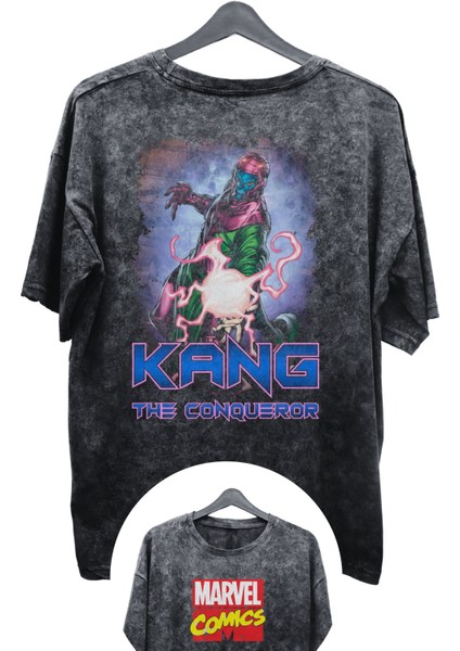 Unisex Kang The Conqueror Baskılı Yıkamalı Tişört, Oversize Marvel Comics Baskılı Eskitme T-Shirt