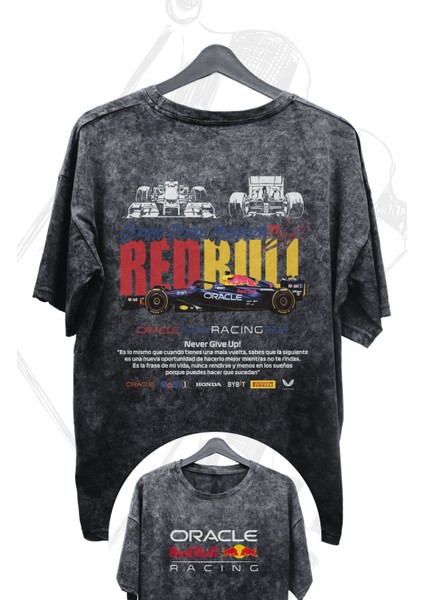 Unisex Oracle Redbull Racing Team Sırt Baskılı Yıkamalı Tişört, Oversize F1 Baskılı Retro T-Shirt