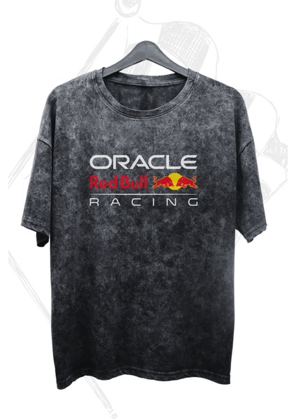 Unisex Oracle Redbull Racing Team Sırt Baskılı Yıkamalı Tişört, Oversize F1 Baskılı Retro T-Shirt