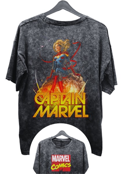 Unisex Captain Marvel Baskılı Yıkamalı Tişört, Oversize Marvel Comics Baskılı Retro T-Shirt