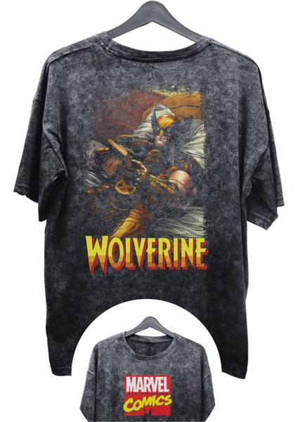 Unisex Wolverine Baskılı Yıkamalı Tişört, Oversize Marvel Comics Baskılı Vintage T-Shirt