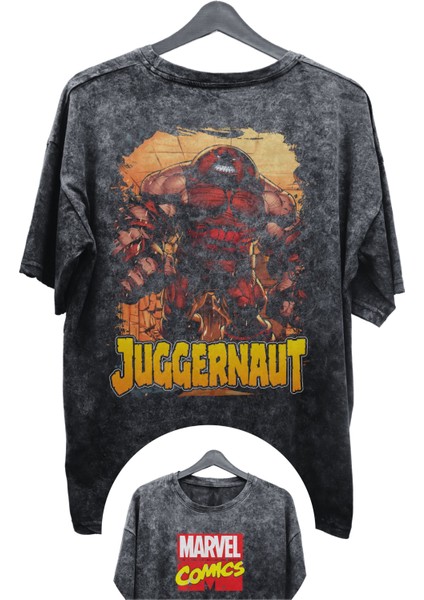 Unisex Juggernaut Baskılı Yıkamalı Tişört, Oversize Marvel Comics Baskılı Vintage T-Shirt