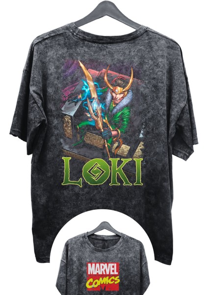 Unisex Loki Baskılı Yıkamalı Tişört, Oversize Marvel Comics Baskılı Vintage T-Shirt