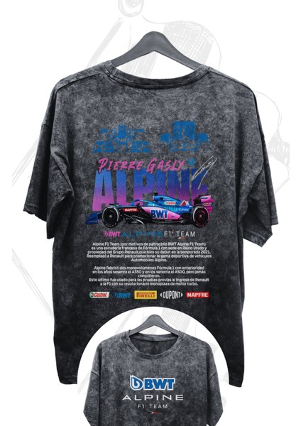 Unisex Bwt Alpine F1 Team Sırt Baskılı Yıkamalı Tişört, Oversize F1 Baskılı Vintaget-Shirt