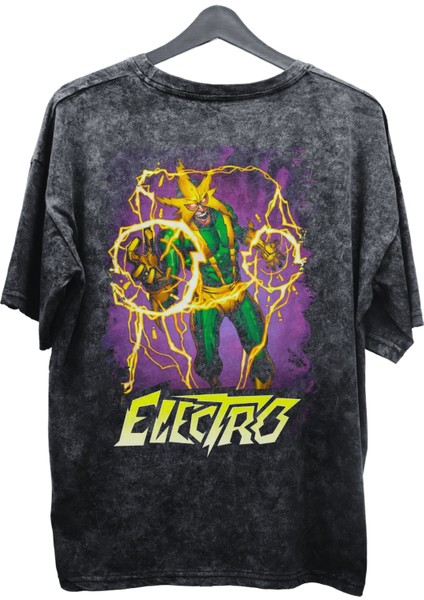 Unisex Electro Baskılı Yıkamalı Tişört, Oversize Marvel Comics Baskılı Vintage T-Shirt fiyatları