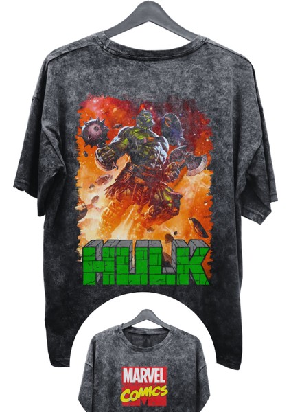 Unisex V2 Hulk Ex Baskılı Yıkamalı Tişört, Oversize Marvel Comics Baskılı Vintage T-Shirt