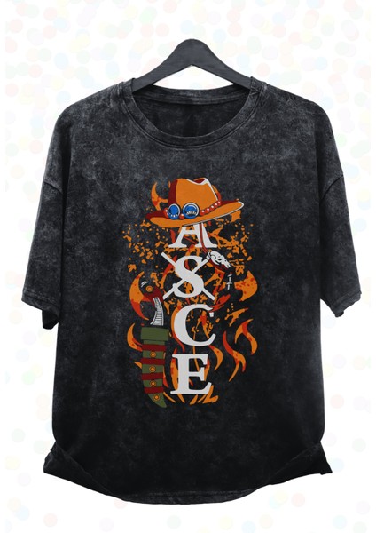 Oversize One Piece Ace Yazılı Baskılı Yıkamalı T-Shirt, Unisex Anime Baskılı Eskitme Tişört