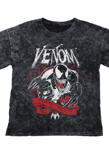 Unisex Venom Eddie Brock Baskılı Yıkamalı Tişört, Oversize Marvel Evreni Baskılı Eskitme T-Shirt