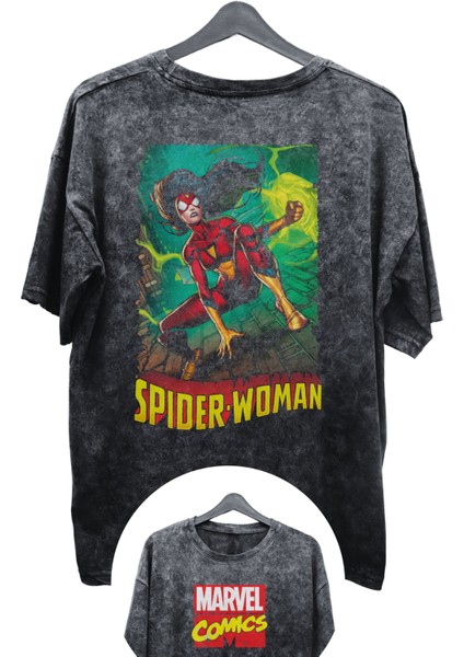 Unisex Spider-Woman Baskılı Yıkamalı Tişört, Oversize Marvel Comics Baskılı Retro T-Shirt