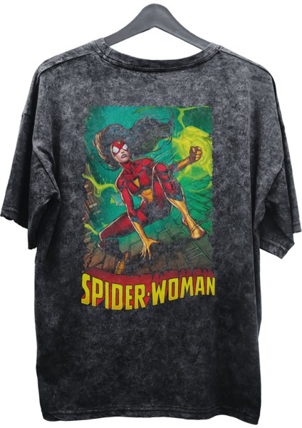 Unisex Spider-Woman Baskılı Yıkamalı Tişört, Oversize Marvel Comics Baskılı Retro T-Shirt fiyatları