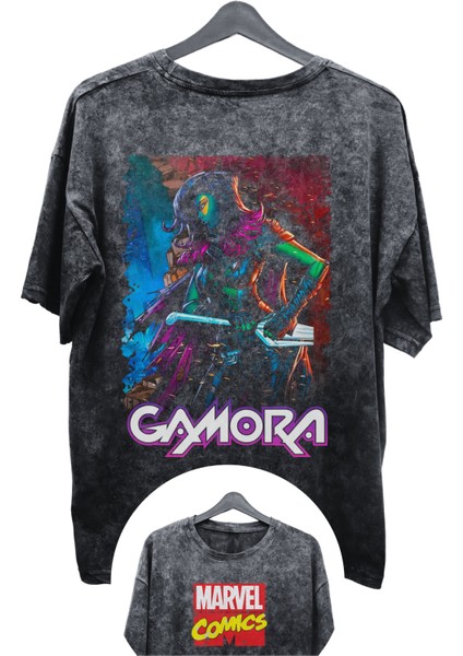 Unisex Gamora Baskılı Yıkamalı Tişört, Oversize Marvel Comics Baskılı Eskitme T-Shirt