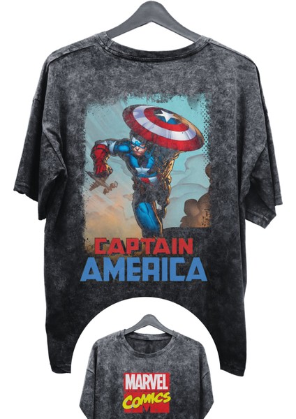 Unisex Captain America Baskılı Yıkamalı Tişört, Oversize Marvel Comics Baskılı Vintage T-Shirt