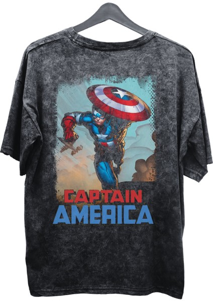 Unisex Captain America Baskılı Yıkamalı Tişört, Oversize Marvel Comics Baskılı Vintage T-Shirt fiyatları