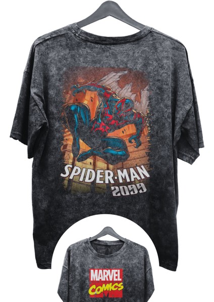 Unisex 2099 Spider-Man Baskılı Yıkamalı Tişört, Oversize Marvel Comics Baskılı Eskitme T-Shirt