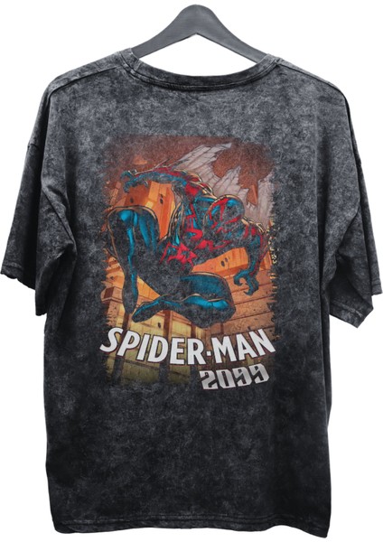 Unisex 2099 Spider-Man Baskılı Yıkamalı Tişört, Oversize Marvel Comics Baskılı Eskitme T-Shirt fiyatları