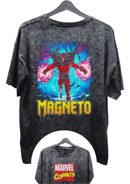 Unisex Magneto Baskılı Yıkamalı Tişört, Oversize Marvel Comics Baskılı Eskitme T-Shirt