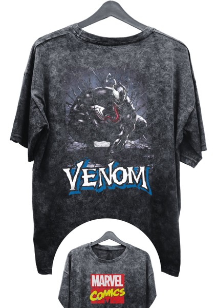 Unisex V3 Venom Ex2 Baskılı Yıkamalı Tişört, Oversize Marvel Comics Baskılı Eskitme T-Shirt