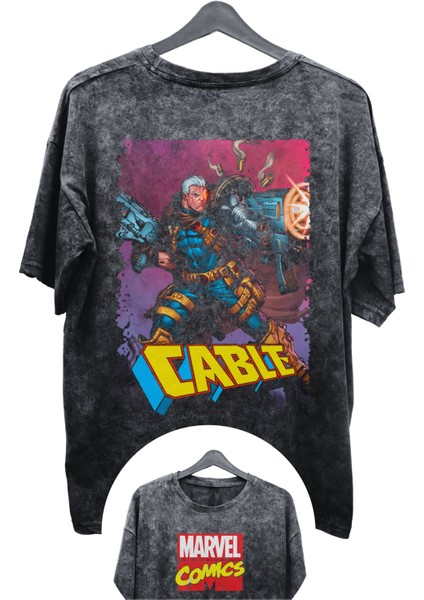 Unisex Cable Baskılı Yıkamalı Tişört, Oversize Marvel Comics Baskılı Eskitme T-Shirt